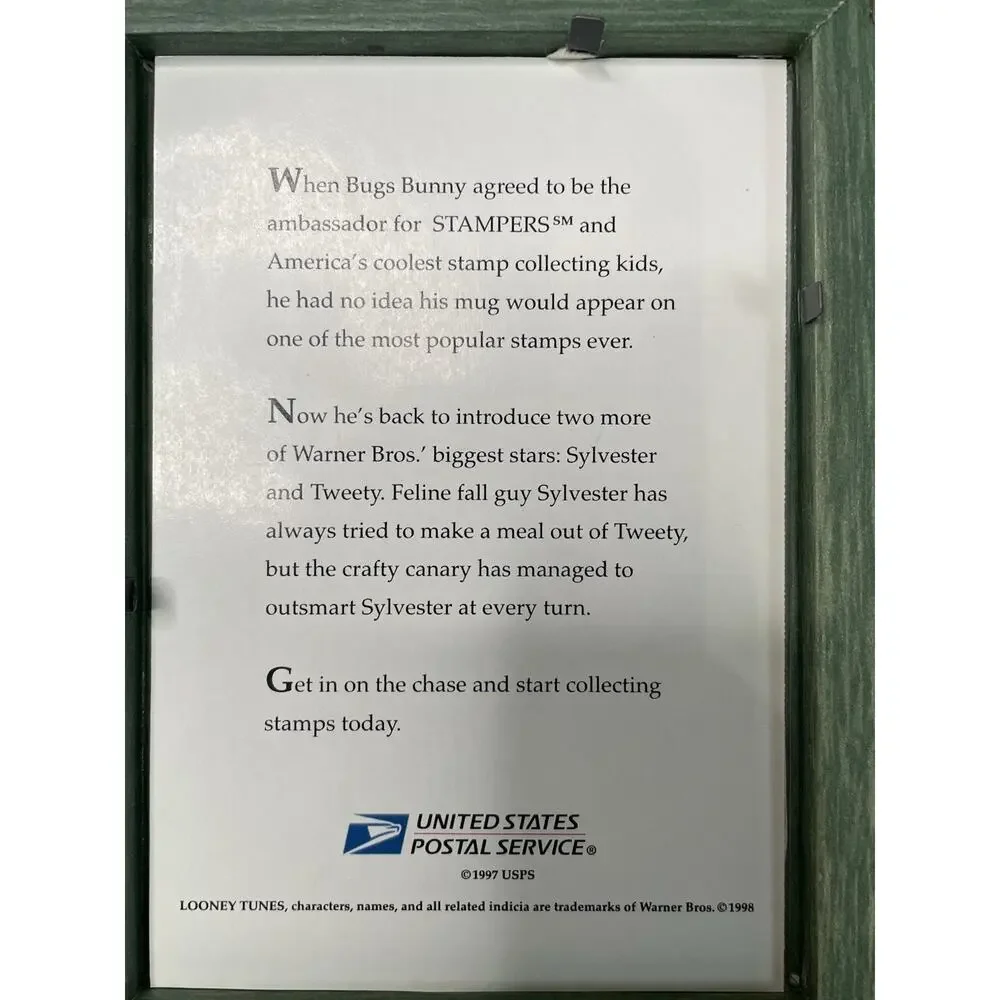 USPS 32¢ Sylvester Tweety Framed Stamp Display Warner Bros Looney Tunes 1998